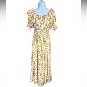 LUSH Gold and Cream Floral Off the Shoulder Jumpsuit Woman’s Size Medium